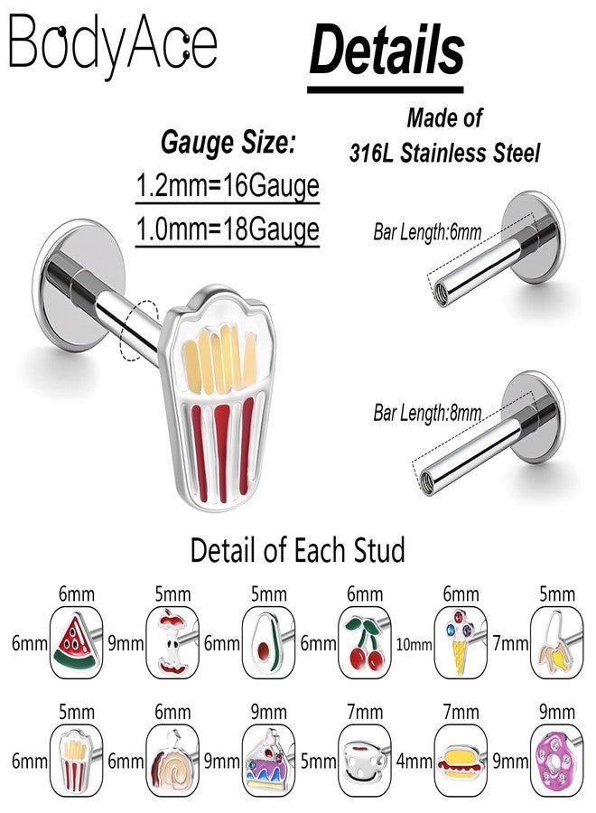 BodyAce 16G/18G Stud Piercings Jewelry Food Fruit Lip Studs Labret Ring Surgical Steel Flat Back Earrings for Nose Conch Lip Medusa Tragus Piercing Internal Thread [A;18G;BL:6mm] - Image 2